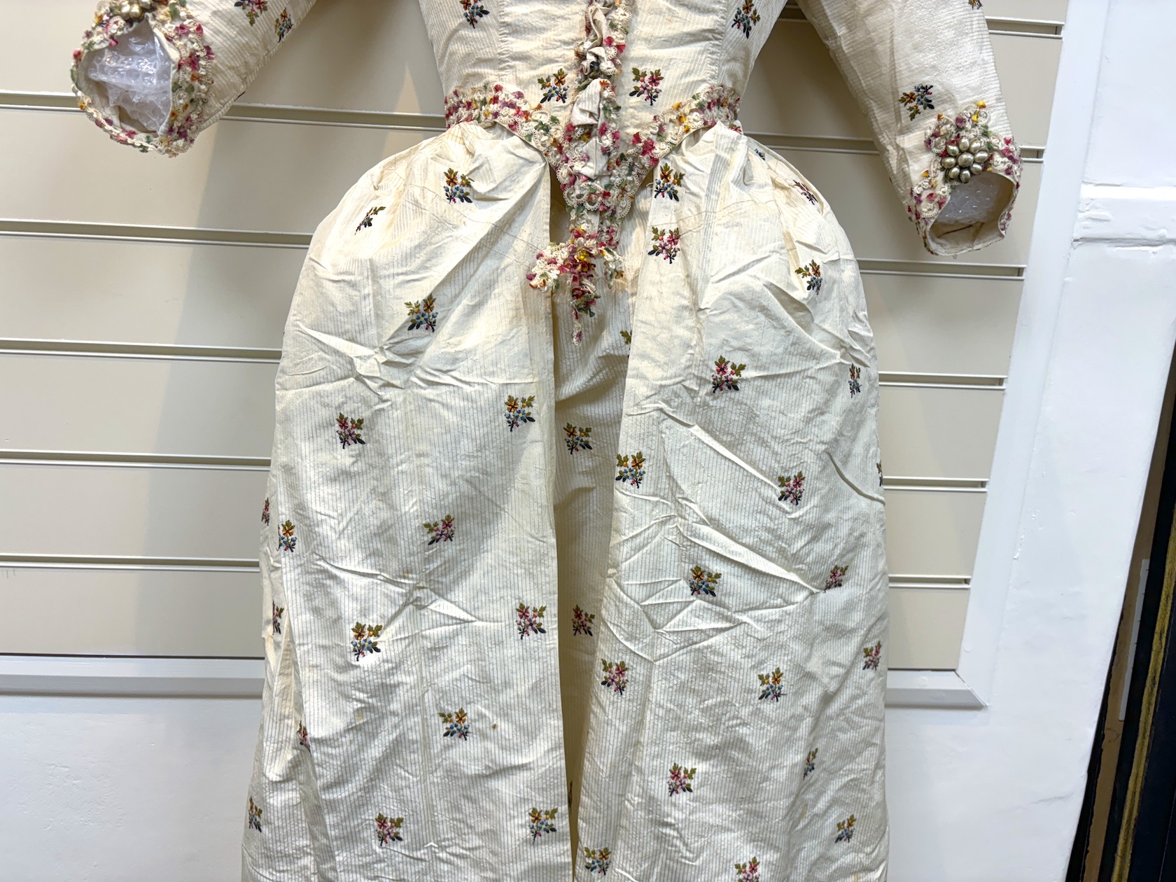 A rare 18th century, possibly Spitalfields, cream silk ladies dress, circa 1770-1780, made in the English style